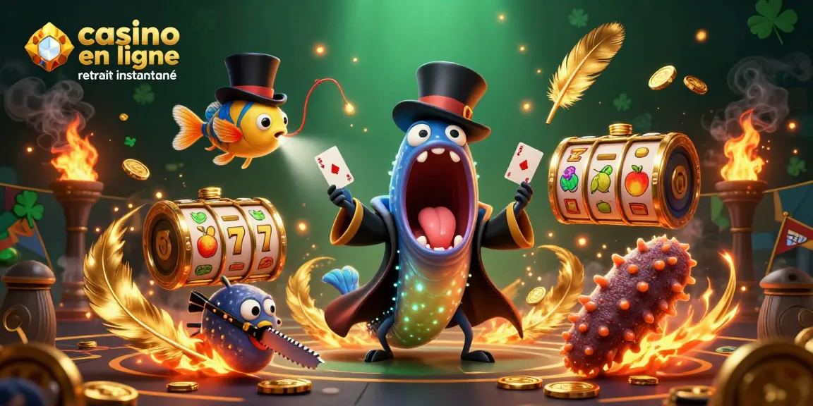 Illustration dynamique de casino en ligne retrait instantané avec un poisson-lanterne et une anguille goulpe animés.