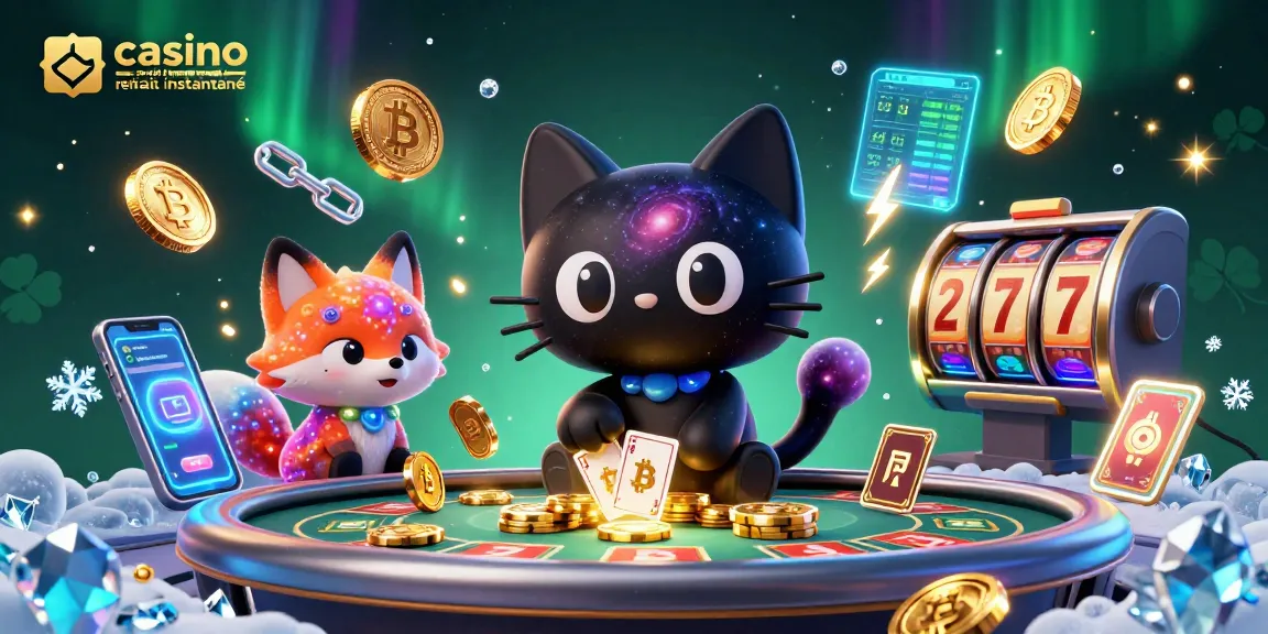 Un chat noir de casino en ligne retrait instantané entouré de jetons dorés et de symboles de jeu, illustration vibrante.