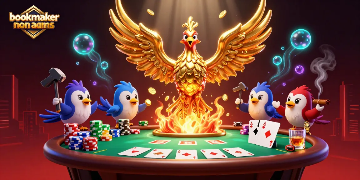 Una scena dinamica di bookmaker non AAMS con un pavone d'oro e tavoli da gioco pieni di chip e carte.