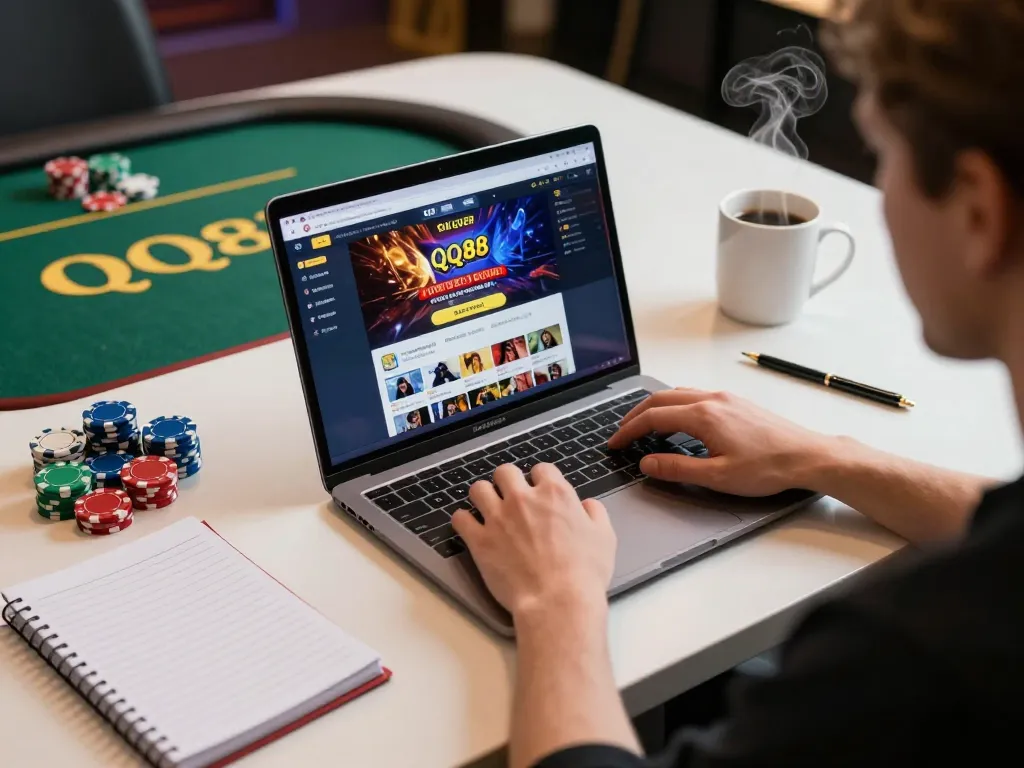 Engaging online gambling scene at QQ88, showcasing player strategy with laptop and poker chips.