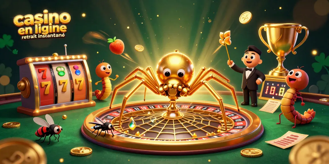 Une illustration de casino en ligne retrait instantané avec une araignée d'or et des rouleaux de machines à sous.