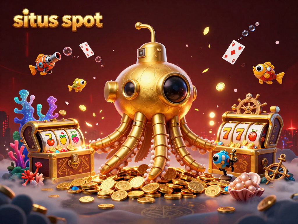 Situs slot enthusiasts engaging with vibrant underwater 3D kraken and slot reels illustration.
