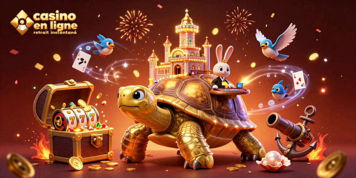 Illustration dynamique du thème casino en ligne retrait instantané avec tortue dorée et dealer.