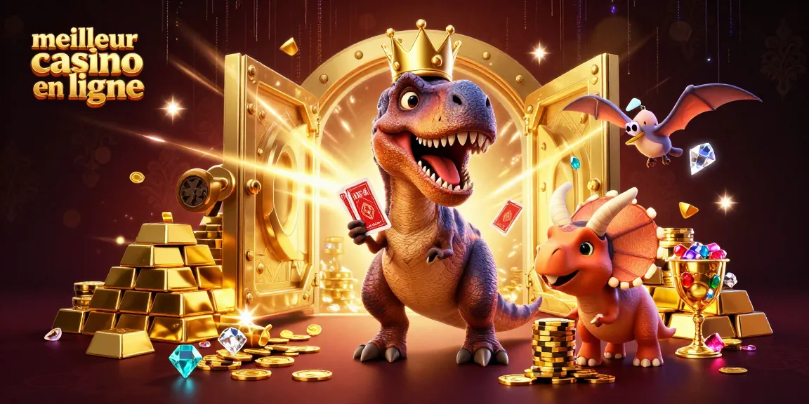 Le meilleur casino en ligne présente des personnages de dinosaures joueurs entourés de trésors scintillants.