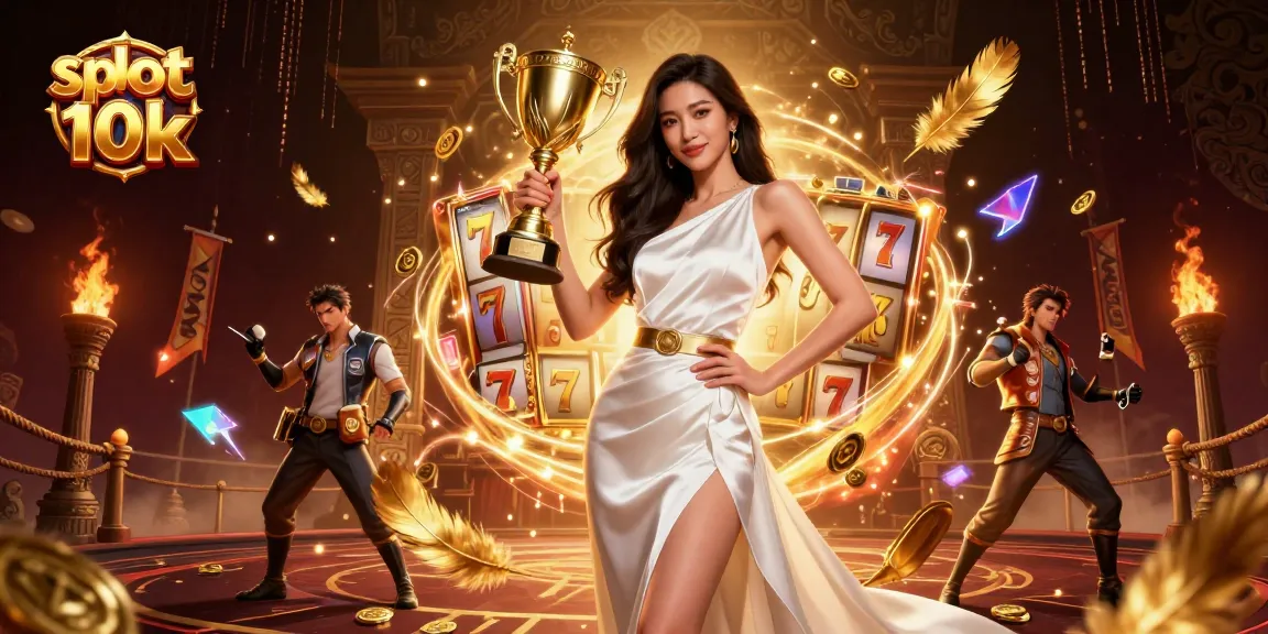 Spin to win with slot 10k reels and a triumphant player holding a trophy cup