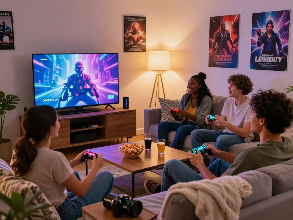 Friends enjoying Degrees of Lewdity gaming on a couch, vibrant atmosphere with snacks and controllers.