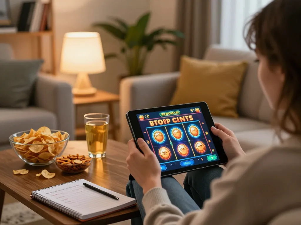 Engaging in slot online games on a tablet in a cozy home environment, showcasing strategic gameplay and snacks.