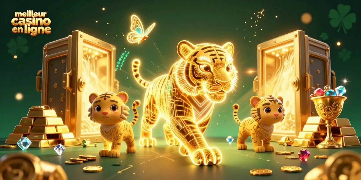 Jouez au meilleur casino en ligne, une scène vibrante avec un tigre doré et de nombreux trésors.