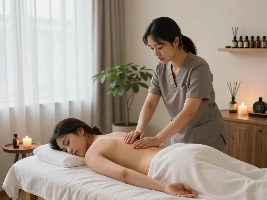 신사동마사지 룸, 차분한 분위기와 작업 중인 치료사, 이완 기술을 보여줍니다.