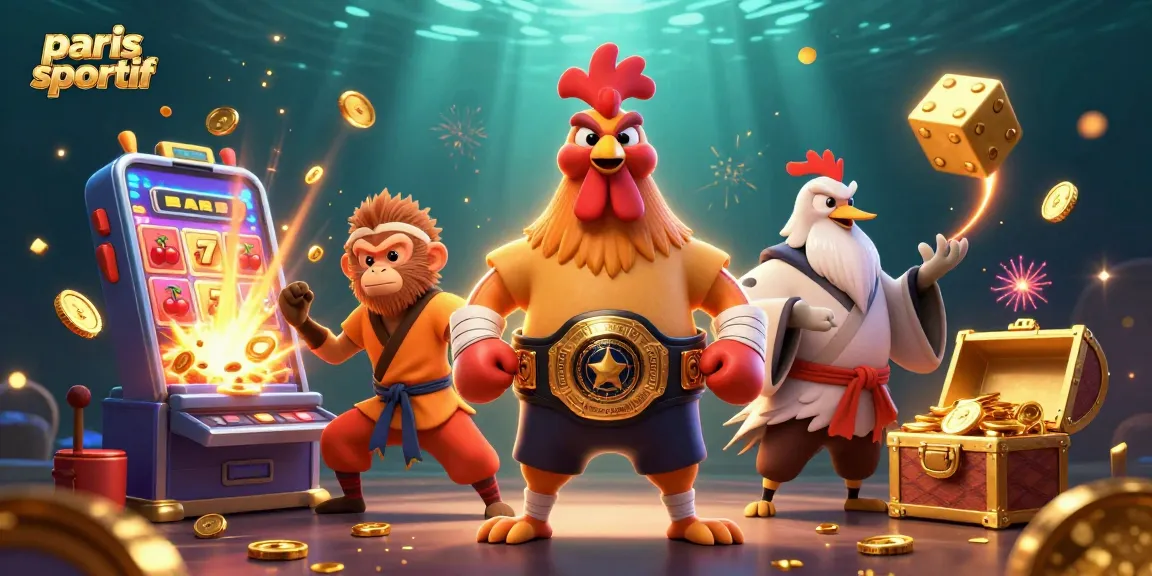 Les paris sportifs s'animent avec un coq Muay Thai et un singe Shaolin au casino, entourés de trésors.
