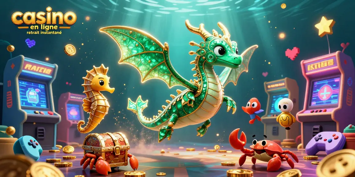 Découvrez le monde des casinos en ligne retrait instantané avec un dragon sous-marin et un trésor scintillant.