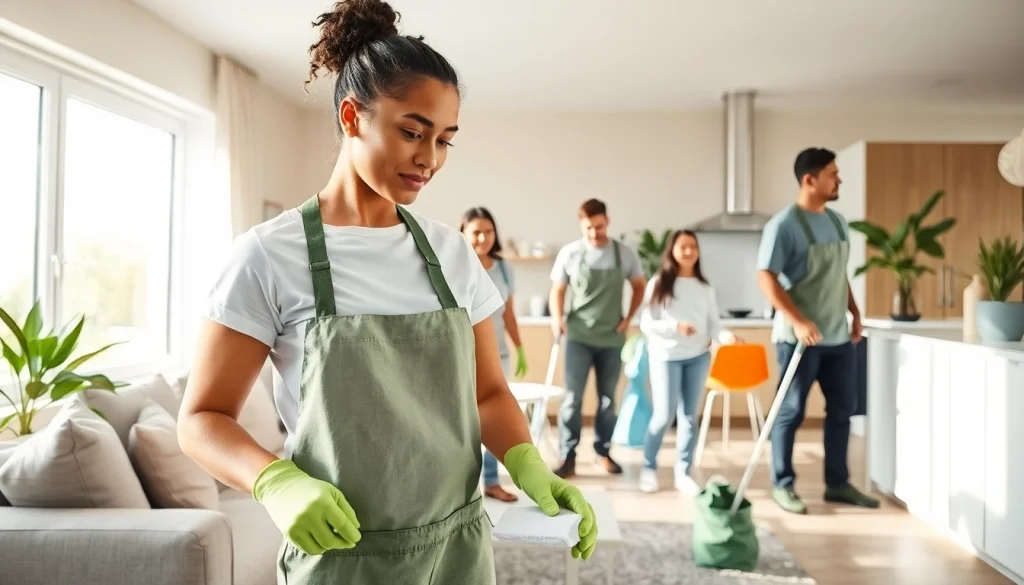 Engaged team providing a Cleaning Service in a modern home, highlighting eco-friendly practices.