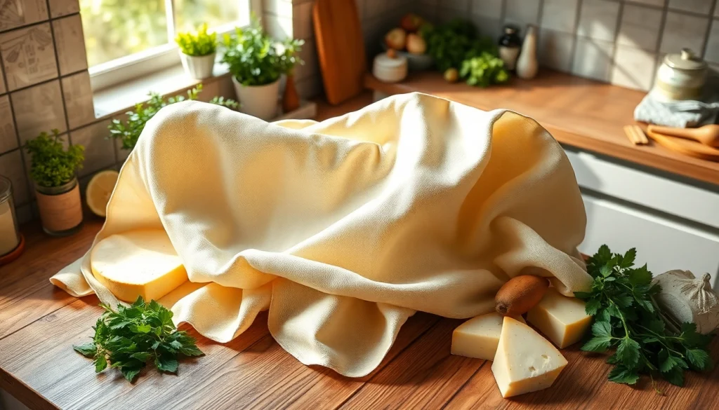 Kaasdoek in een gezellige keukenomgeving met verse ingrediënten voor het koken.