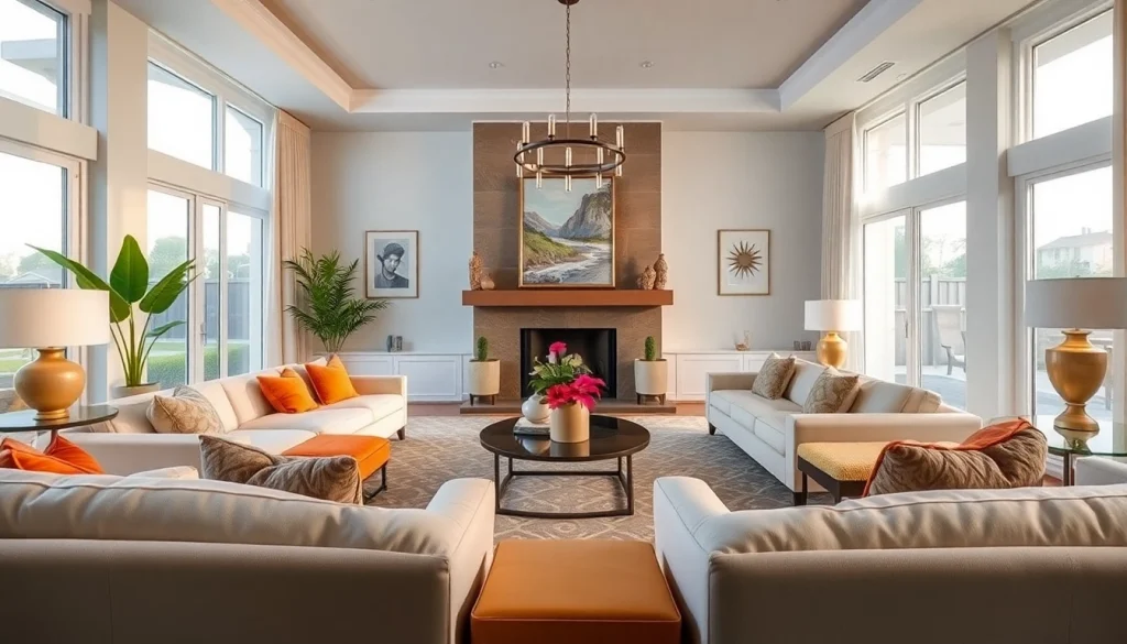 Real Estate agent presenting a luxury living room, highlighting elegance and inviting atmosphere.