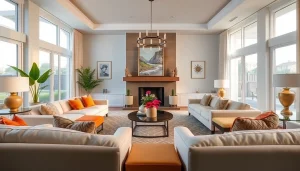 Real Estate agent presenting a luxury living room, highlighting elegance and inviting atmosphere.