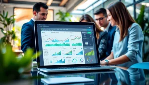 Analyze performance indicators on an smm reseller panel screen in a modern office setting.