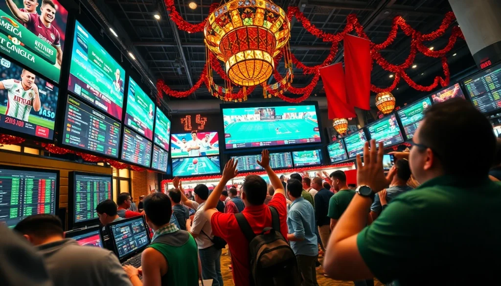 Engaged bettors enjoying sports betting in Mexico at a lively sportsbook with vibrant atmosphere.