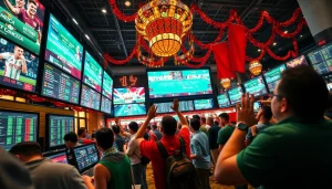 Engaged bettors enjoying sports betting in Mexico at a lively sportsbook with vibrant atmosphere.