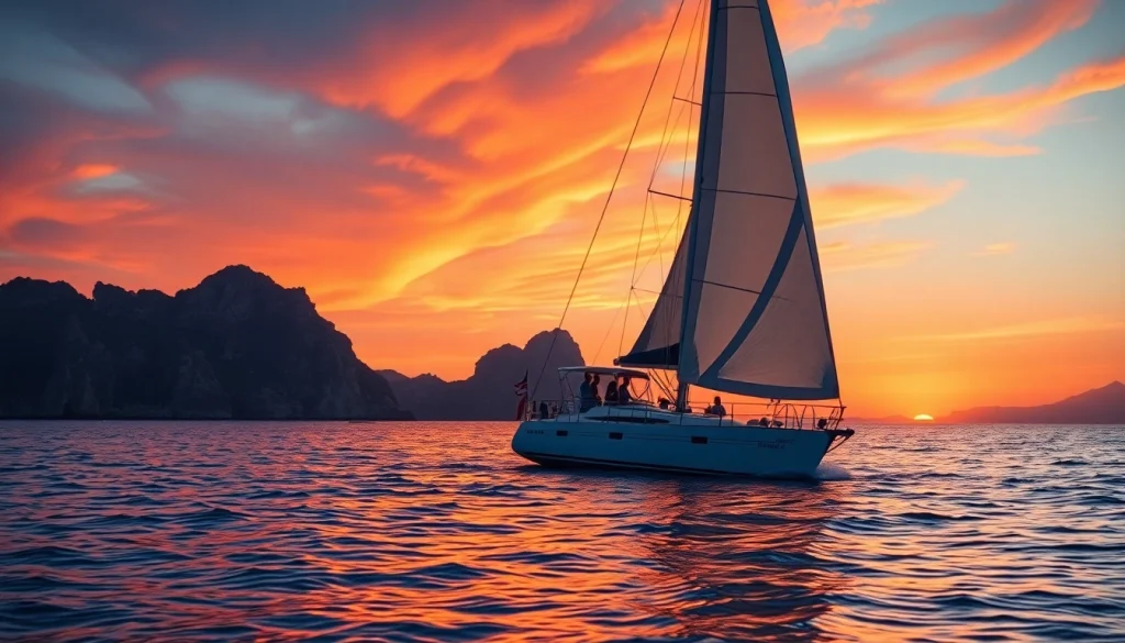 Cabo sunset cruise deals featuring a picturesque sailboat against a vibrant sunset backdrop.