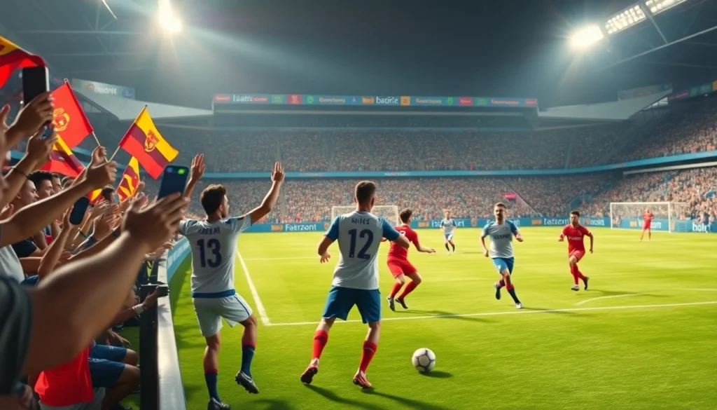 축구중계 중인 선수들이 흥미진진한 경기를 펼치는 장면