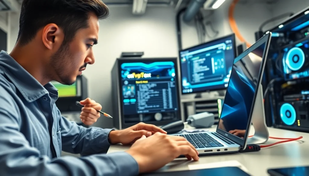 Technician performing computer repair on a laptop, showcasing expert services in computer repair.
