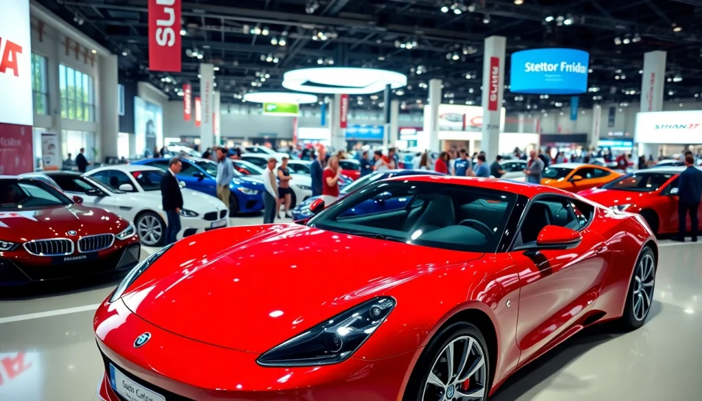 View attendees engaging with vehicles at the Auto Cars Show in a vibrant exhibition.