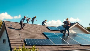 Offer reliable roofing services with a professional crew installing a new roof on a suburban home.