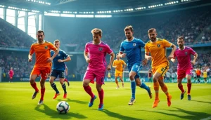 Players showcasing their team kit during an energetic soccer match with vibrant colors and dramatic lighting.