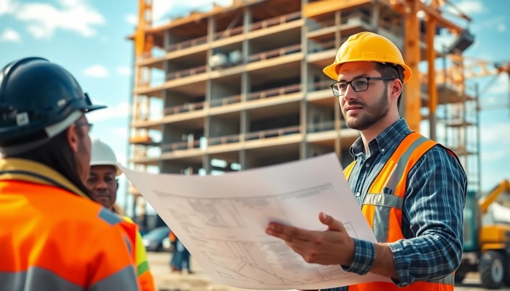 New Jersey Construction Manager coordinating activities on-site with workers and blueprints.