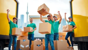 Best Toronto Movers efficiently packing and transporting items with a cheerful moving team in the vibrant cityscape.