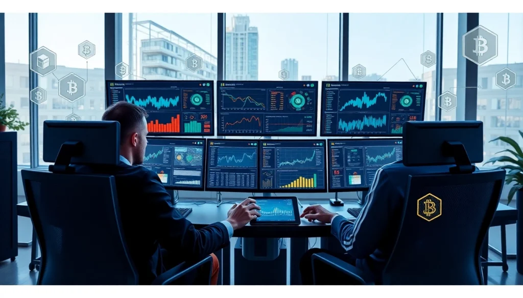 Dynamic workspace illustrating a crypto mining app development team with modern tech and vibrant visuals.