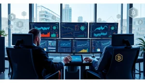 Dynamic workspace illustrating a crypto mining app development team with modern tech and vibrant visuals.