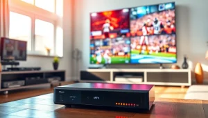 Stream live sports on iron iptv in a modern living room with sleek, high-tech devices.