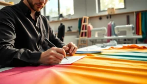 Punta di Roma stof in gebruik door een modeontwerper in een creatieve studio.