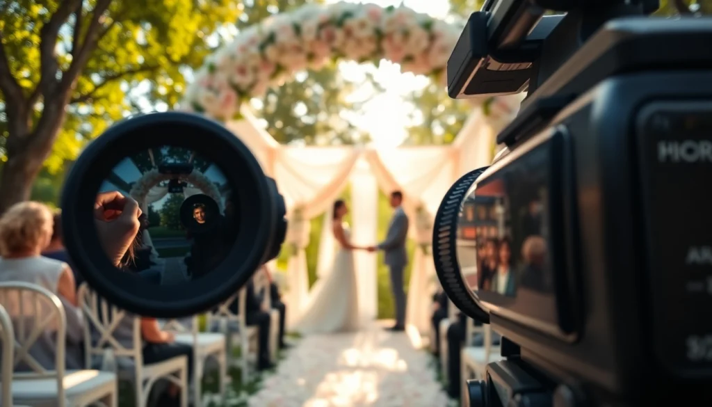 Capturing professional videographers in Toronto recording a romantic wedding ceremony under a floral arch.