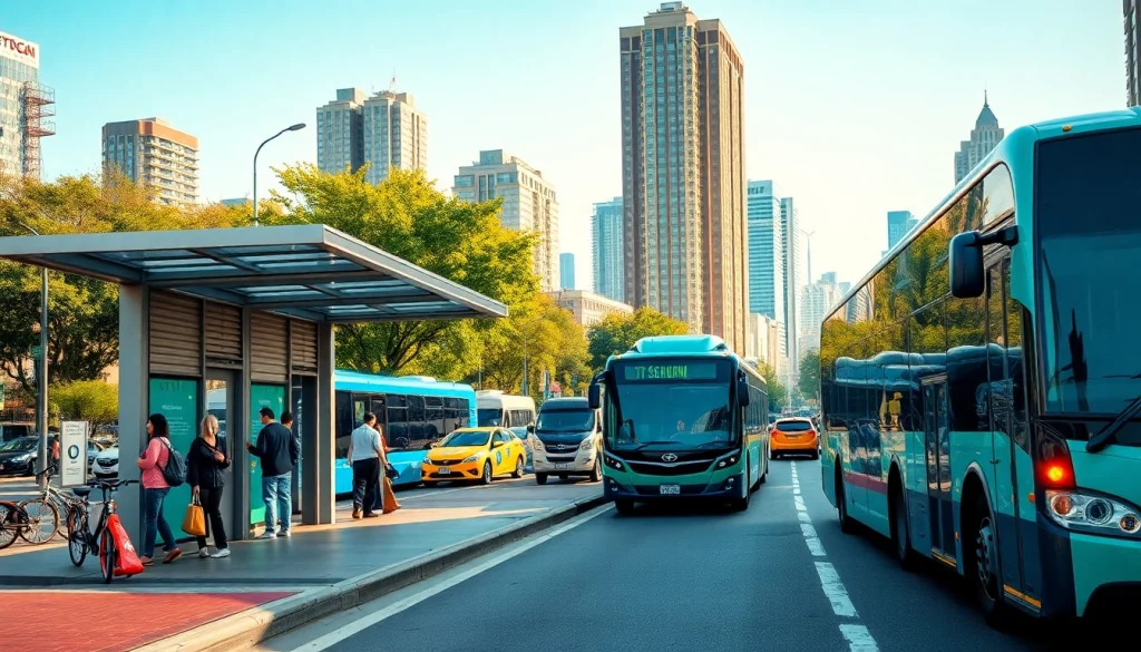 Demonstrating transportation with urban commuters and various vehicles on a busy city street.