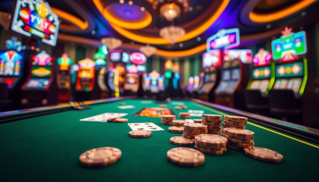 Engaging atmosphere at online casinos Alabama, featuring a sleek gaming table with vibrant poker chips and cards.