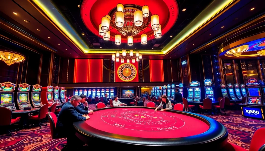 Engaged gamblers at a baccarat table in a vibrant casino, showcasing the excitement at https://xx88.us/.
