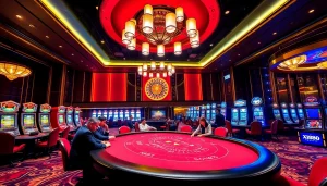 Engaged gamblers at a baccarat table in a vibrant casino, showcasing the excitement at https://xx88.us/.