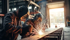 Engaging scene of structural steel welding with skilled professionals focusing on intricate techniques and bright sparks.