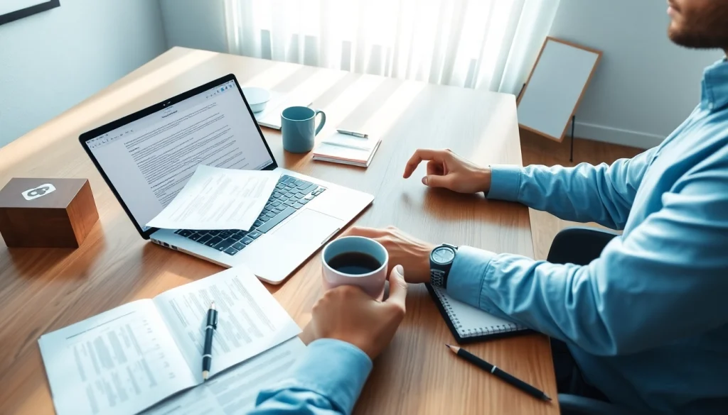 Authorized translation services (traducere autorizată) in a professional office setting, highlighting a translator at work.