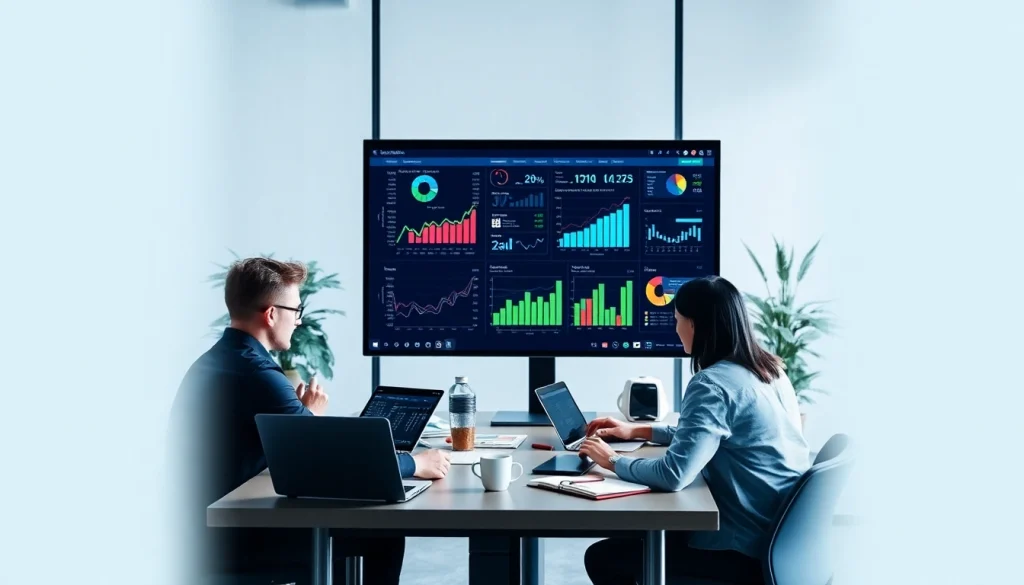 Chăm sóc website services team analyzing digital metrics in a modern office.