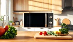 Showcasing an affordable microwave oven in a modern kitchen with fresh ingredients.