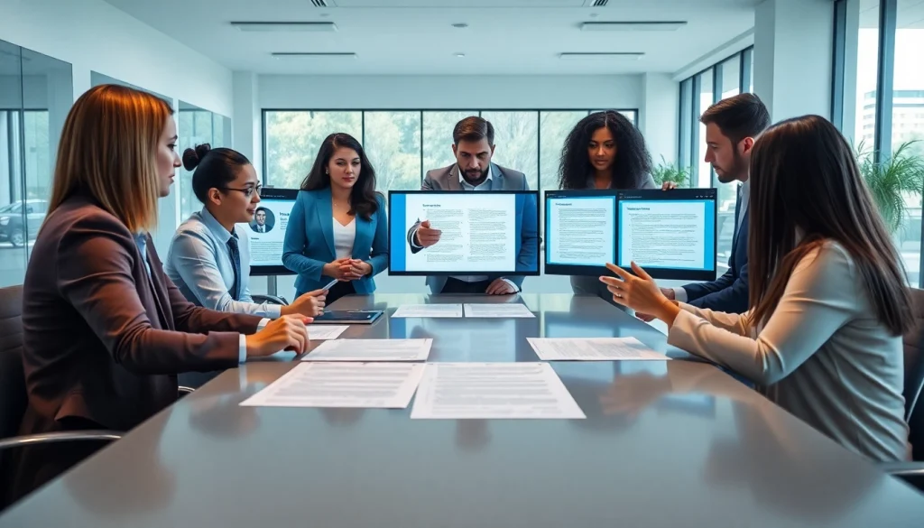 Team collaboratively reviewing Contract Management. documents in a modern office environment.