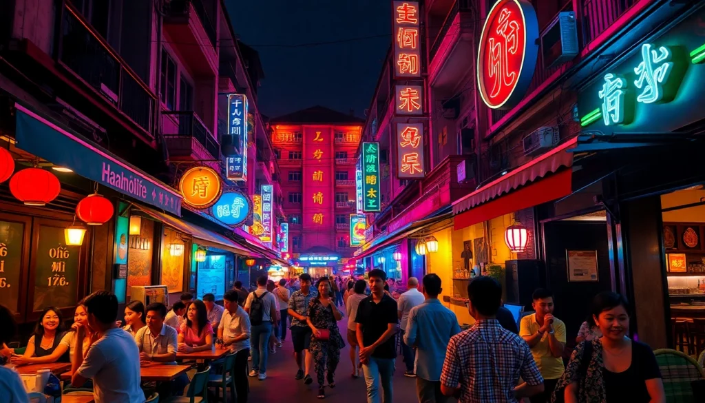 Vibrant 하노이밤문화 scene showcasing bustling nightlife with diverse crowds and neon-lit bars.