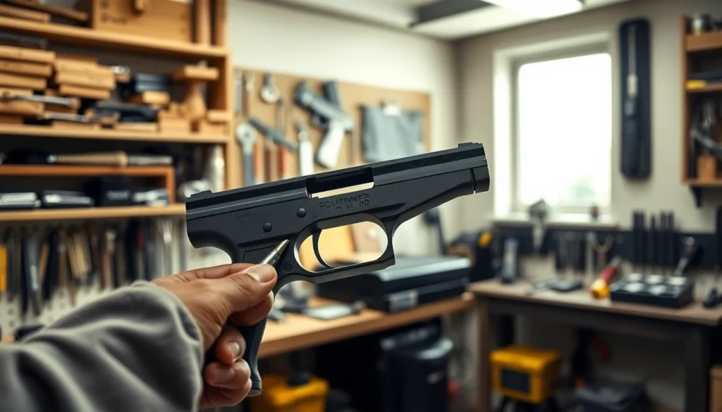 Assembling polymer80 pf940c pistol frame with tools in well-lit workshop setting.