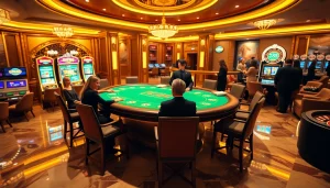 RR88 players enjoying a luxurious casino experience at a vibrant poker table.