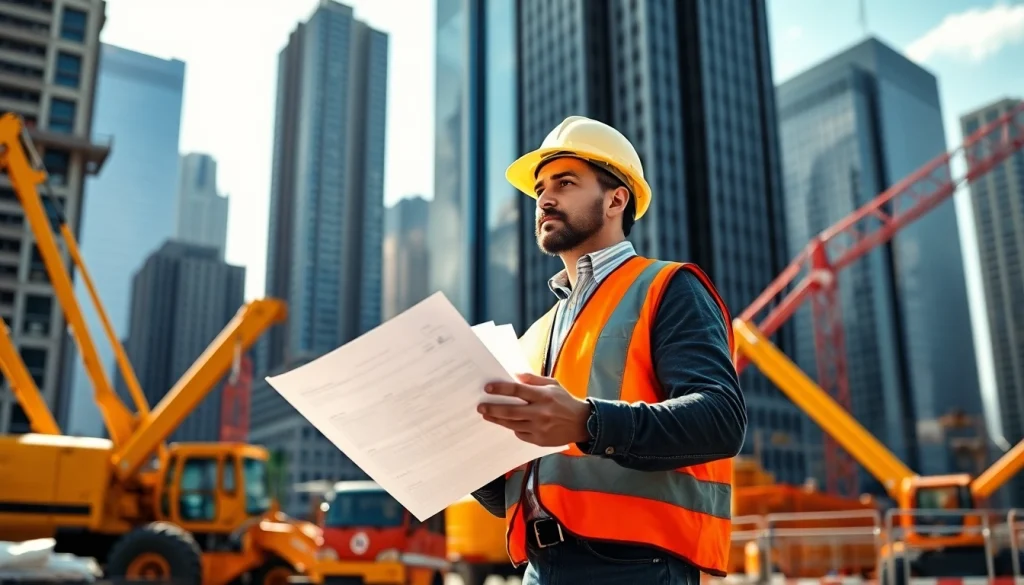 Manhattan Commercial General Contractor supervising an urban construction site with skyscrapers and bright natural lighting.