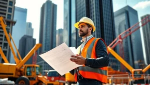 Manhattan Commercial General Contractor supervising an urban construction site with skyscrapers and bright natural lighting.