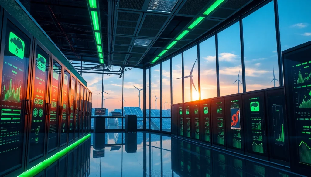 Dogecoin cloud mining facility with advanced technology and renewable energy sources.